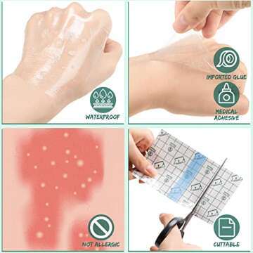 BBTO 100 Pieces Transparent Stretch Adhesive Bandage Waterproof Clear Protective Shower Patch Film Cover Bandages Tattoo Cover up Adhesive Wrap, 4 Sizes(3, 5, 6, 8, Inch)