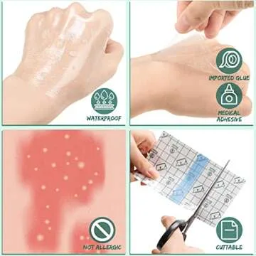 BBTO 100 Pieces Transparent Stretch Adhesive Bandage Waterproof Clear Protective Shower Patch Film Cover Bandages Tattoo Cover up Adhesive Wrap, 4 Sizes(3, 5, 6, 8, Inch)