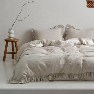 Luxurious Ruffle Linen Duvet Cover Set by Simple&Opulence for Queen Beds, 3 PCS