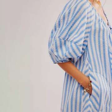 Women Striped Summer Rompers Oversized Puff Sleeve Tie Front Short Jumpsuits Casual Vacation Outfits