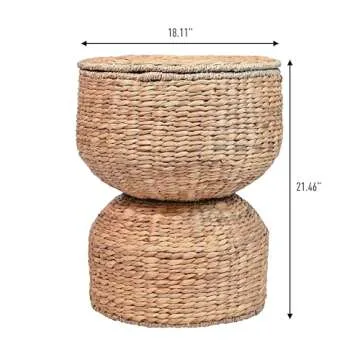 happimess SAT1000A Bhola 18" Hourglass Handwoven Hyacinth Storage Accent Table with Lid for Storage and Decoration in Bedroom, Living Room, Kitchen, Dining Room, Entryway, Guestroom, Natural