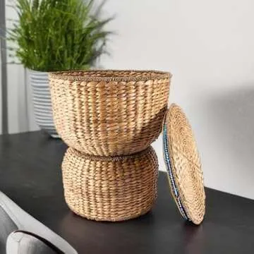 happimess SAT1000A Bhola 18" Hourglass Handwoven Hyacinth Storage Accent Table with Lid for Storage and Decoration in Bedroom, Living Room, Kitchen, Dining Room, Entryway, Guestroom, Natural