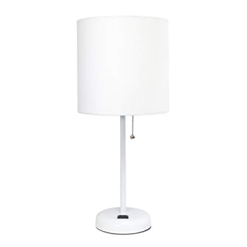 Simple Designs LT2024-WOW White Stick Table Desk Lamp with Charging Outlet and Drum Fabric Shade, Wh...