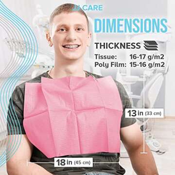 JJ CARE Dental Bibs [Pack of 250] - 13" x 18" Pink Dental Bibs, 3 Ply Waterproof Dentist Bibs, Dental Bibs Disposable for Eyelash Extension, Patient Bibs for Nail Art, Dental Napkins for Piercing