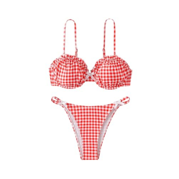 BEAUDRM Women's 2 Piece Y2K Gingham Bow Front Bikini Set Ruffle Underwire Bikini Thong Swimsuit High...