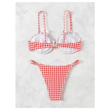 Stylish BEAUDRM Gingham Bow Front Bikini Set