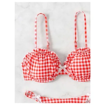 Stylish BEAUDRM Gingham Bow Front Bikini Set