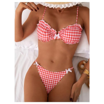 Stylish BEAUDRM Gingham Bow Front Bikini Set