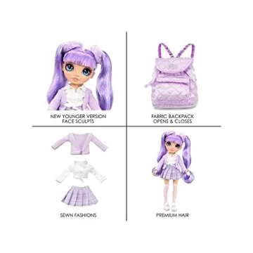 Rainbow High Jr High Violet Willow - 9-inch Purple Fashion Doll with Doll Accessories- Open and Closes Backpack, Great Gift for Kids 6-12 Years Old and Collectors