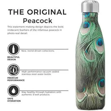 S'well Stainless Steel Bottle-17 Fl Oz-Peacock Triple-Layered Vacuum-Insulated Containers Keeps Drinks Cold for 41 Hours and Hot for 18-with No Condensation-BPA Free Water Bottle, 17oz