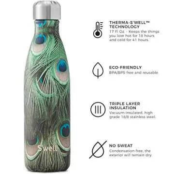 S'well Stainless Steel Bottle-17 Fl Oz-Peacock Triple-Layered Vacuum-Insulated Containers Keeps Drinks Cold for 41 Hours and Hot for 18-with No Condensation-BPA Free Water Bottle, 17oz