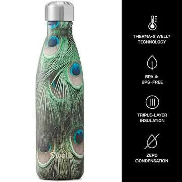 S'well Stainless Steel Bottle-17 Fl Oz-Peacock Triple-Layered Vacuum-Insulated Containers Keeps Drinks Cold for 41 Hours and Hot for 18-with No Condensation-BPA Free Water Bottle, 17oz