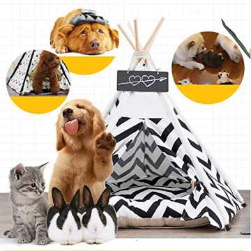 Pet Teepee Tent for Dogs Puppy Cat Bed White Canvas Dog Cute House Pet Teepee with Cushion 24inch Indoor Outdoor (White&Black Medium)