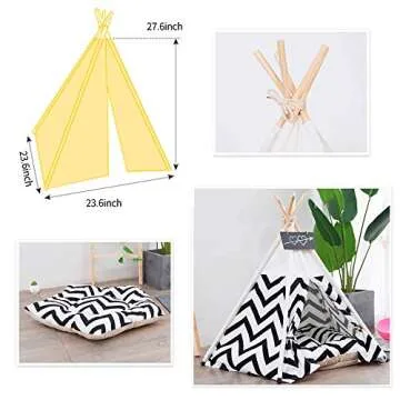 Pet Teepee Tent for Dogs Puppy Cat Bed White Canvas Dog Cute House Pet Teepee with Cushion 24inch Indoor Outdoor (White&Black Medium)