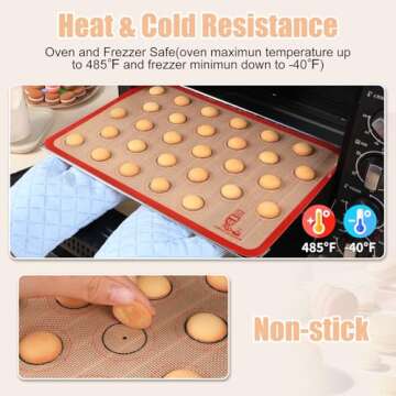 Silicone Macaron Baking Mat Half Sheet - Set of 3 (2 Half Sheet and 1 Quarter Sheet), Non Stick Silicon Oven Liner For Macaroons and Cookies, By Folksy Super Kitchen (16.5x11.6, Red)