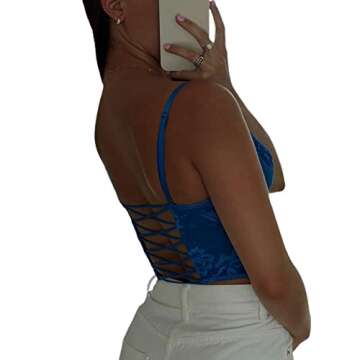 Women Sexy Lace Patchwork Corset Crop Top Deep V Push Up Bra Sheer Mesh Bralette Camisole Tank Tops (Patchwork Blue, S)