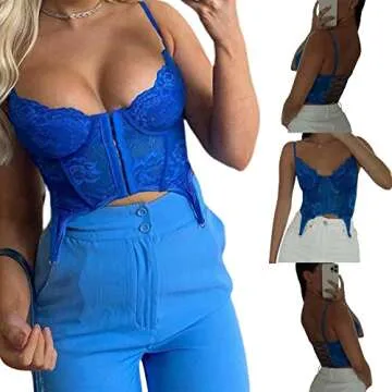 Women Sexy Lace Patchwork Corset Crop Top Deep V Push Up Bra Sheer Mesh Bralette Camisole Tank Tops (Patchwork Blue, S)