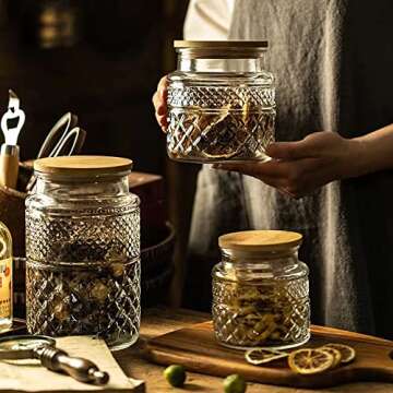 Livejun Glass Storage Jars Vintage Embossed Canisters Food Cereal Storage Containers with Bamboo Lid...