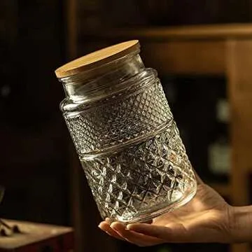 Livejun Glass Storage Jars Vintage Embossed Canisters Food Cereal Storage Containers with Bamboo Lid, Decorative Jars for Kitchen Counter,Pantry,Set 3-Piece Glass Jars in 60 oz/40 oz/20 oz (Round)