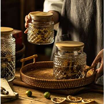 Livejun Glass Storage Jars Vintage Embossed Canisters Food Cereal Storage Containers with Bamboo Lid, Decorative Jars for Kitchen Counter,Pantry,Set 3-Piece Glass Jars in 60 oz/40 oz/20 oz (Round)