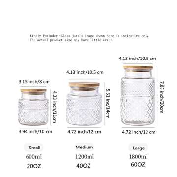 Livejun Glass Storage Jars Vintage Embossed Canisters Food Cereal Storage Containers with Bamboo Lid, Decorative Jars for Kitchen Counter,Pantry,Set 3-Piece Glass Jars in 60 oz/40 oz/20 oz (Round)