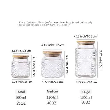 Livejun Glass Storage Jars Vintage Embossed Canisters Food Cereal Storage Containers with Bamboo Lid, Decorative Jars for Kitchen Counter,Pantry,Set 3-Piece Glass Jars in 60 oz/40 oz/20 oz (Round)