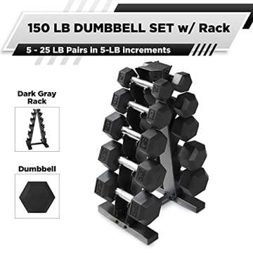 WF Athletic Supply 5-25Lb Rubber Coated Hex Dumbbell Set with A Frame Storage Rack Non-Slip Hex Shape for Muscle Toning, Strength Building & Weight Loss - Multiple Choices Available
