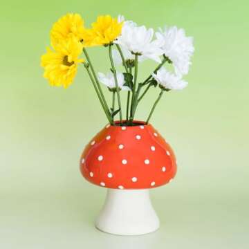 ban.do Decorative Mushroom Vase, Trendy Flower Vase, Cottagecore Room Decor, Unique Ceramic Vase for...
