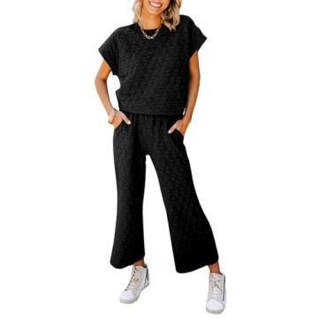 Fazortev Women's 2 Piece Outfits Quilted Lightweight Short Sleeve Tops and Cropped Pants Lounge Set Black