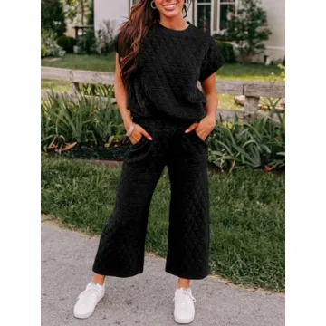 Fazortev Women's 2 Piece Outfits Quilted Lightweight Short Sleeve Tops and Cropped Pants Lounge Set Black