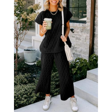 Fazortev Women's 2 Piece Outfits Quilted Lightweight Short Sleeve Tops and Cropped Pants Lounge Set Black