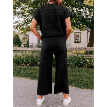 Fazortev Women's 2 Piece Outfits Quilted Lightweight Short Sleeve Tops and Cropped Pants Lounge Set Black