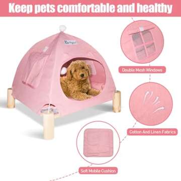 2-in-1 Cat Bed Tent Wooden Frame Cat Tent Cat Hammock, Removable Wooden Cat Raise Indoor Outdoor Bed, Portable Indoor/Outdoor Pet Dog Tent House Cat Puppy Small Animal (Pink Tent)