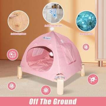 2-in-1 Cat Bed Tent Wooden Frame Cat Tent Cat Hammock, Removable Wooden Cat Raise Indoor Outdoor Bed, Portable Indoor/Outdoor Pet Dog Tent House Cat Puppy Small Animal (Pink Tent)