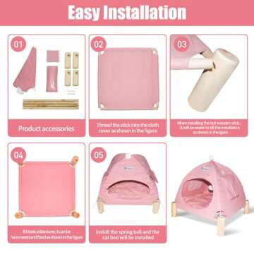 2-in-1 Cat Bed Tent Wooden Frame Cat Tent Cat Hammock, Removable Wooden Cat Raise Indoor Outdoor Bed, Portable Indoor/Outdoor Pet Dog Tent House Cat Puppy Small Animal (Pink Tent)