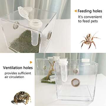 JOBEDE Jumping Spider Enclosure, Jumping Spider Habitat with Dropper Tongs Acrylic Reptile Breeding Box for Tarantula Scorpion Sling Isopods Invertebrates Insects Mantis Snake Gecko