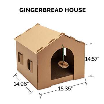 Furhaven Cardboard Cat House Gingerbread House, Cat Hideout Scratcher with Detachable Hanging Toys
