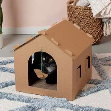 Furhaven Cardboard Cat House Gingerbread House, Cat Hideout Scratcher with Detachable Hanging Toys