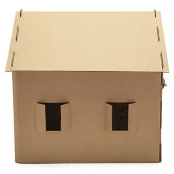 Furhaven Cardboard Cat House Gingerbread House, Cat Hideout Scratcher with Detachable Hanging Toys