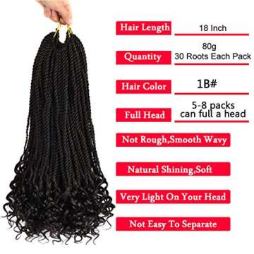 HVN-KVVM 18 Inch Senegalese Twist Crochet Hair with Curly Ends Prelooped Goddess Box Braids Crochet Hair for Black Women(5 Packs,1B)