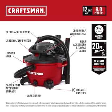 CRAFTSMAN CMXEVBE17606 12 Gallon 6.0 Peak HP Wet Dry Vac with Detachable Leaf Blower, Portable Shop ...