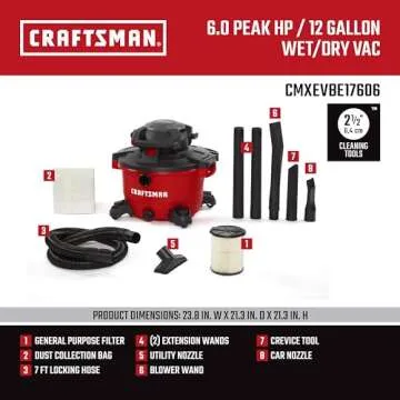 CRAFTSMAN CMXEVBE17606 12 Gallon 6.0 Peak HP Wet Dry Vac with Detachable Leaf Blower, Portable Shop Vacuum Wet and Dry with Filter, Dust Bag, Hose and Attachments for Garage, Outdoor Cleaning
