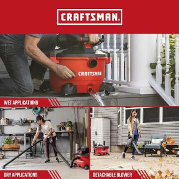 CRAFTSMAN CMXEVBE17606 12 Gallon 6.0 Peak HP Wet Dry Vac with Detachable Leaf Blower, Portable Shop Vacuum Wet and Dry with Filter, Dust Bag, Hose and Attachments for Garage, Outdoor Cleaning