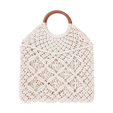 Ayliss Handmade Straw Bag Travel Beach Fishing Net Handbag Shopping Woven Shoulder Bag for Women(Whi...