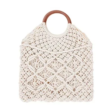 Ayliss Handmade Straw Bag Travel Beach Fishing Net Handbag Shopping Woven Shoulder Bag for Women(Whi...