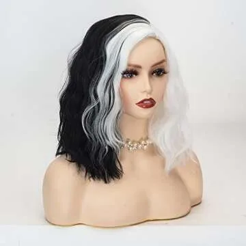 TSNOMORE 14 inches Black and White Wigs - Short Curly Wavy Halloween Cosplay Wig