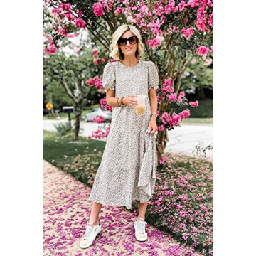 PRETTYGARDEN Women's Summer Casual Boho Dress Floral Print Ruffle Puff Short Sleeve Flowy Midi Beach Party Dresses (Apricot,Large)