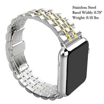PUGO TOP Bands Replacement for Apple Watch Series 9 8 7 6 5 4 SE Ultra 2/Ultra, Stainless Steel Metal iWatch iPhone Watch Bands Series 3/2/1 2 Tones for Men Women (42mm/44mm/45mm/49mm, Silver/Gold)