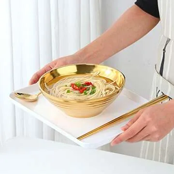 Ramen Noodle Soup Bowl,2 Sets Double Layer 18/8 Stainless Steel Bowl(8 inch), with Matching Spoon and Chopsticks by Buy THINGS!（Gold）