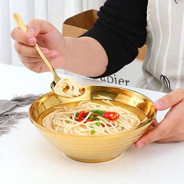 Ramen Noodle Soup Bowl,2 Sets Double Layer 18/8 Stainless Steel Bowl(8 inch), with Matching Spoon and Chopsticks by Buy THINGS!（Gold）